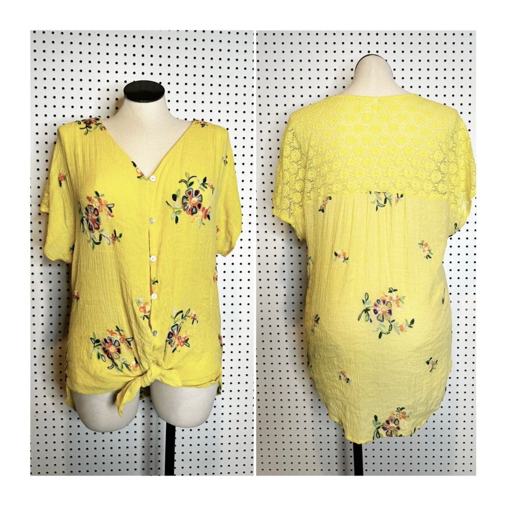 Fig & Flower Anthropologie | Short Sleeve Yellow‎ Embroidered Floral Blouse 3X